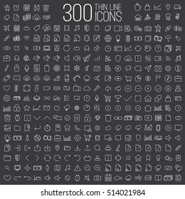 300 thin line universal icons set of finance, marketing, shopping, weather, internet, user interface, navigation, media,  on dark background