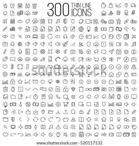 300 thin line universal icons set of finance, marketing, shopping, weather, internet, user interface, navigation, media, on white background