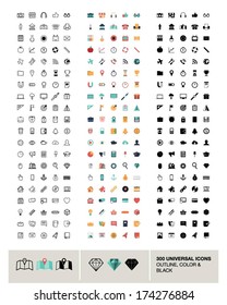 300 vector universal icons made in outline, color and black