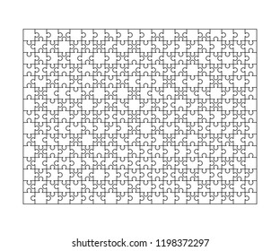 300 white puzzles pieces arranged in a rectangle shape. Jigsaw Puzzle template ready for print. Cutting guidelines isolated on white
