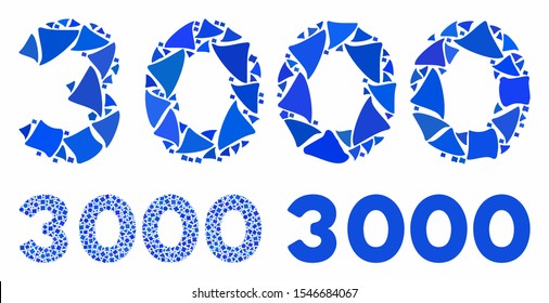 3000 digits text composition of raggy items in various sizes and color tints, based on 3000 digits text icon. Vector abrupt items are combined into composition.
