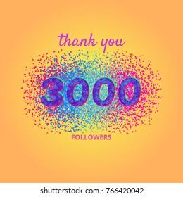 3000 followers card. Thank you 3K followers banner with frame on bright  background. Simple vector illustration.