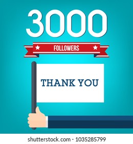 3000 followers illustration and a hand holding flag with thank you message, flat design vector illustration.