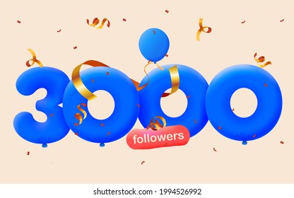 3000 followers thank you 3d blue balloons and colorful confetti. Vector illustration 3d numbers for social media 3K followers, Thanks followers, blogger celebrates subscribers, likes