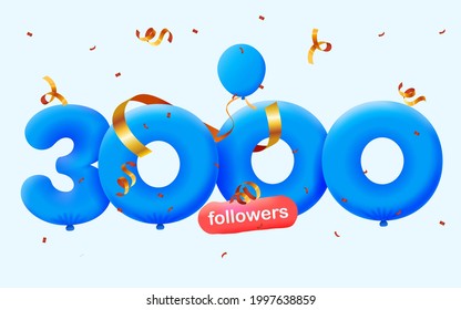 3000 followers thank you 3d blue balloons and colorful confetti. Vector illustration 3d numbers for social media 3K followers, Thanks followers, blogger celebrates subscribers, likes