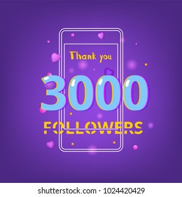 3000 Followers thank you phrase with random items. Template for social media post. Glitch chromatic aberration style. Ultra violet palette colors. 3K subscribers banner. Vector illustration.