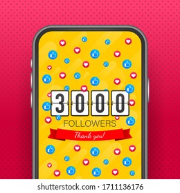 3000 followers, Thank You, social sites post. Thank you followers congratulation card. Vector stock illustration.
