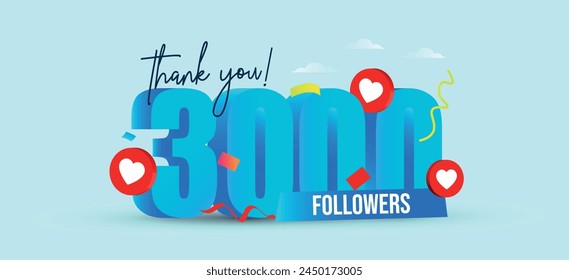 3000 Subscribers. Thank you for 3000 subscribers on social media. 3k followers thank you, celebration banner with heart icons, confetti on colourful aqua background. Celebration on achievement Vector