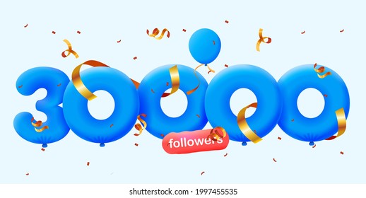 30000 followers thank you 3d blue balloons and colorful confetti. Vector illustration 3d numbers for social media 30K followers, Thanks followers, blogger celebrates subscribers, likes