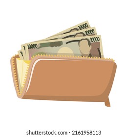 30,000 yen in a long wallet. Vector illustration.