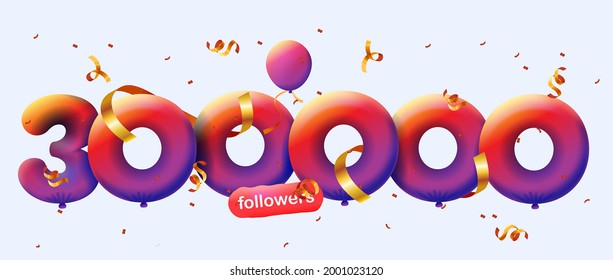 300000 followers thank you 3d blue balloons and colorful confetti. Vector illustration 3d numbers for social media 300K followers, Thanks followers, blogger celebrates subscribers, likes