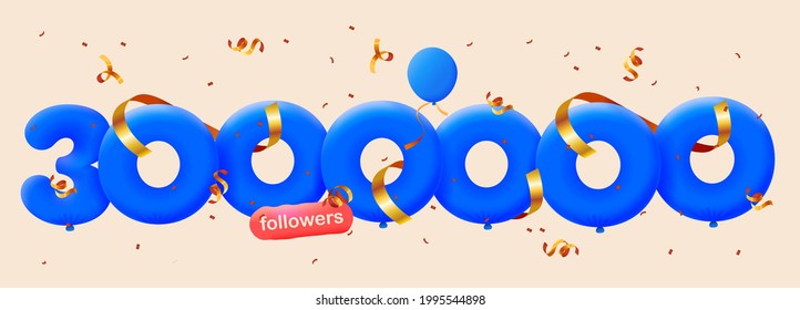3000000 followers thank you 3d blue balloons and colorful confetti. Vector illustration 3d numbers for social media 3M followers, Thanks followers, blogger celebrates subscribers, likes