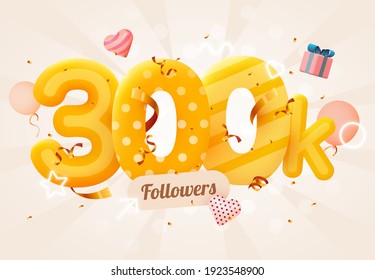 300k or 300000 followers thank you Pink heart, golden confetti and neon signs. Social Network friends, followers, Web user Thank you celebrate of subscribers or followers and likes.