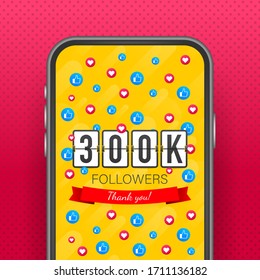 300k followers card banner template for celebrating many followers in online social media networks.