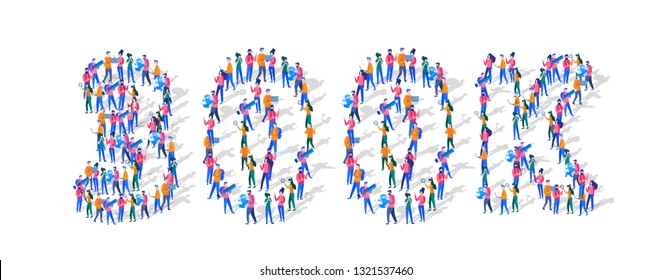 300K Followers Isometric Vector Concept, Group of business people are gathered together in the shape of 300000 word, for web page, banner, presentation, social media, Crowd of little people. teamwork