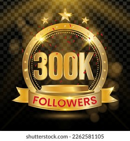 300K Followers Logotype with Gold and red Confetti Isolated on Black Background (PNG), Vector Design for Greeting Card and Social Media.