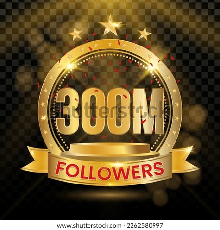 300M Followers Logotype with Gold and red Confetti Isolated on Black Background (PNG), Vector Design for Greeting Card and Social Media.