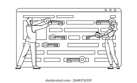 301 keyword stuffing vector. cpc soup, seo research, hand letter 301 keyword stuffing character. people black line pencil drawing illustration