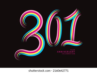 vector de diseño de 301 números, camiseta gráfica, celebración de 301 años logotipo línea colorida, logo de 301º cumpleaños, plantilla de pancarta, elementos de número de logotipo para tarjeta de invitación, afiche, camiseta.