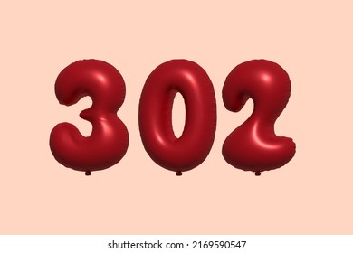 302 globo 3d número hecho de representación 3d de globo metálico realista. Globos 3D de helio rojo para la venta decoración Fiesta Cumpleaños, Celebración de Aniversario, Fiesta de la Boda. Ilustración del vector
