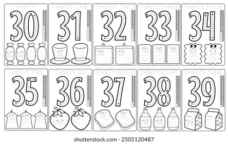 30-39 Learning for kids Tracing Numbers Worksheet Black and white illustration