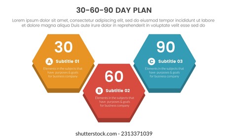 30-60-90 day plan management infographic 3 point stage template with big honeycomb shape concept for slide presentation vector