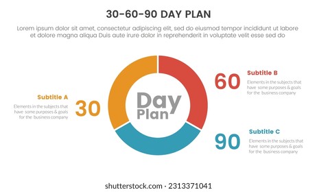 30-60-90 day plan management infographic 3 point stage template with circle pie chart diagram cutted outline concept for slide presentation vector