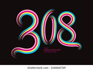 vector de diseño de 308 números, camiseta gráfica, celebración de 308 años línea colorida logotipo de tipo logotipo, logo de 308º cumpleaños, plantilla de pancarta, elementos de número de logotipo para tarjeta de invitación, afiche, camiseta.