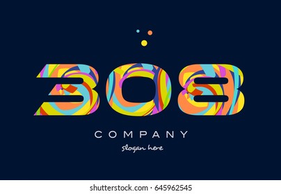 308 number digit numeral logo colored colorful rainbow acrylic modern creative vector icon design template