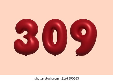 309 globo 3d número hecho de renderización 3d de globo metálico realista. Globos 3D de helio rojo para la venta decoración Fiesta Cumpleaños, Celebración de Aniversario, Fiesta de la Boda. Ilustración del vector