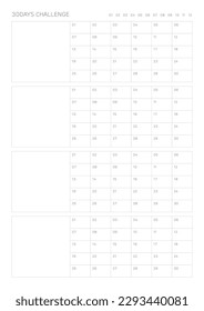 30Day Challenge design template in a modern, simple, and minimalist style. Note, scheduler, diary, calendar, planner document template illustration.