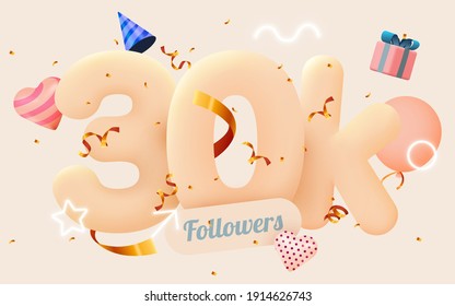 30k or 30000 followers thank you Pink heart, golden confetti and neon signs. Social Network friends, followers, Web user Thank you celebrate of subscribers or followers and likes. Vector illustration