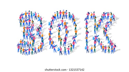 30K Followers Isometric Vector Concept, Group of business people are gathered together in the shape of 30000 word, for web page, banner, presentation, social media, Crowd of little people. teamwork