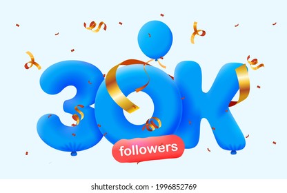 30.000 seguidores te agradecen los globos azules 3d y los confetti coloridos. Ilustración vectorial 3d números para medios sociales 30000 seguidores, Gracias seguidores, blogger celebra suscriptores, me gusta