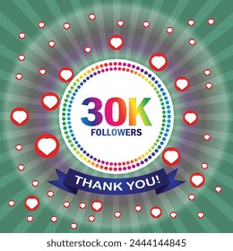30k followers thank you card with hearts and ribbon. Vector illustration. Suitable for social sites post, greeting card