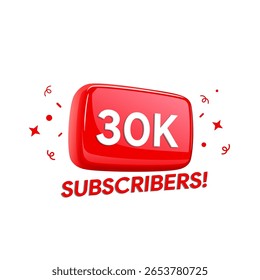 Banner 30K Subscribers (Assinantes 30K). Cem mil seguidores. conquista do blog. Marco do vídeo vlog. Crachá de status do criador de conteúdo. Design de ilustração vetorial.
