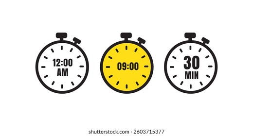 30-Minute, 12AM, Hour Timer Icon, Yellow Stopwatch Countdown Clipart for Fitness, Workout, and Productivity. Timer Icon Vector, Illustration Template Design Set.