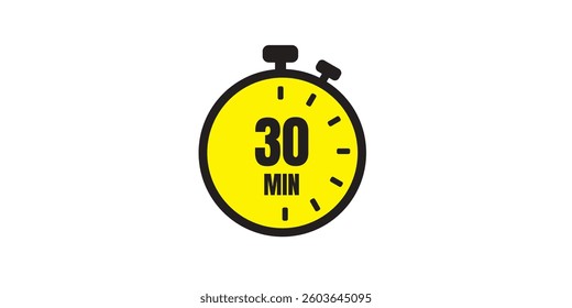 30-Minute Timer Icon, Yellow Stopwatch Countdown Clipart for Fitness, Workout, and Productivity. Timer Icon Vector, Illustration Design.