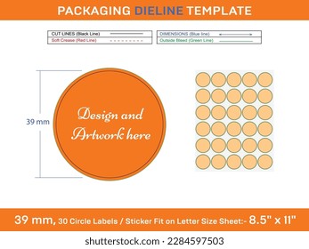 30pcs 39 mm CIRCLE or ROUND label sticker dieline template 