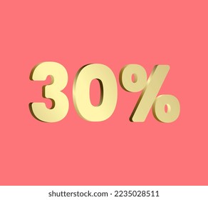 30percent 3Ds Letter Golden, 3Ds Level Gold color, Thirty 3D Percent on red color background, and can use as transparent gold 3Ds letter for levels, calculated level, vector illustration.