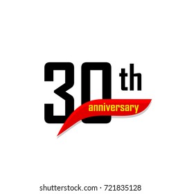 30th Anniversary abstract vector logo. Thirty Happy birthday day icon. Black numbers witth red boomerang shape with yellow text 30 years.