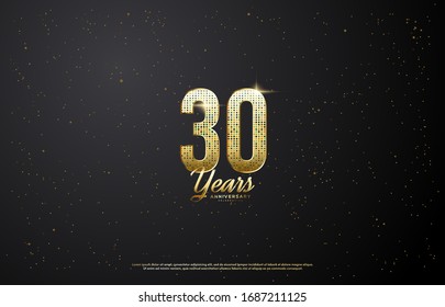 30th anniversary background with illustrations of light effects behind gold colored figures on a black background.