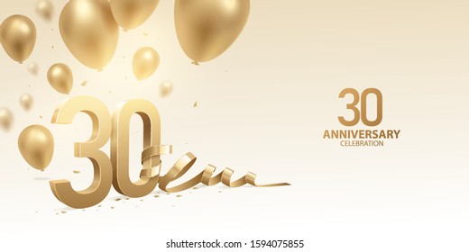 30th Anniversary celebration background. 3D Golden numbers with bent ribbon, confetti and balloons.
