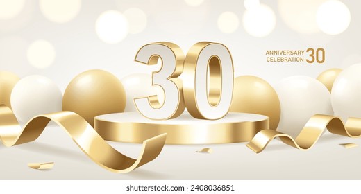 30th Anniversary celebration background. Golden 3D numbers on round podium with golden ribbons and balloons with bokeh lights in background.
