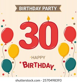 30th Anniversary Celebration. Candle 30 figure and balloons. Birthday party. 