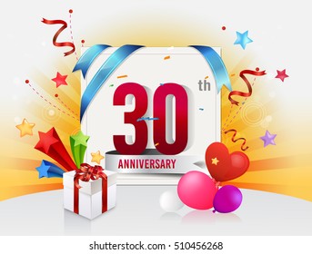 30th anniversary celebration with colorful confetti and balloon with shiny yellow background