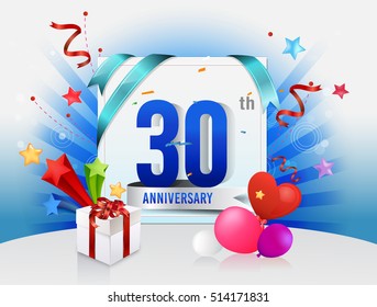 30th anniversary celebration with colorful confetti and balloon with shiny blue background