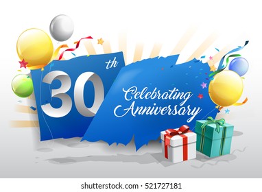 30th anniversary celebration with colorful confetti and balloon on blue background with shiny elements. design template for your birthday party.