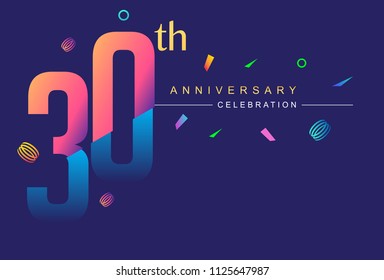 30th anniversary celebration with colorful design, modern style with ribbon and colorful confetti isolated on dark background, for birthday celebration
