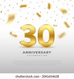 30th anniversary celebration with gold glitter color and white background. Vector design for celebrations, invitation cards and greeting cards.